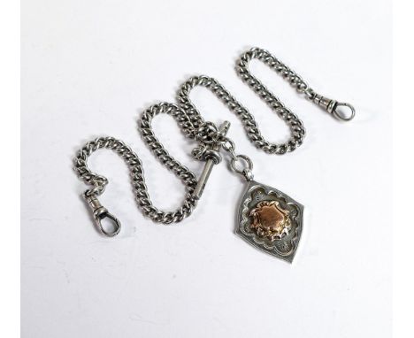 Silver double Albert watch chain &amp; fob with gold decoration.  Gross weight 36.7g, length clip to clip 39cm.  Maker Herber