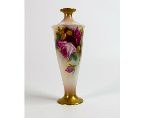 Royal Worcester vase, painted with roses by Kitty Blake, printed puce factory mark. 2 minute nips to gilding on base edge. h.