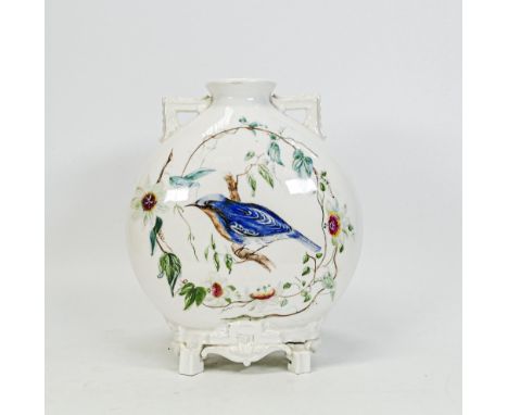 19th century Royal Worcester Moon Flask, hand decorated with bird, flowers, foliage and hand written text 'From A Grateful Pa