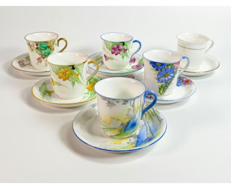 Six Shelley Vincent shape coffee cans &amp; saucers to include pattern numbers - 12216, 12108, 12010, 12011, 11920 and one wi