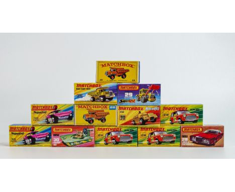 A collection of boxed Matchbox 1-75 series toy cars &amp; vehicles to include 28d Mack Dumper x 3,  28e Stoat (tab damaged), 