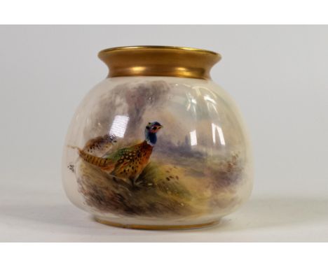 Royal Worcester small vase decorated with pheasants by H Stinton, shape H158, green factory mark, small area of loss to gildi