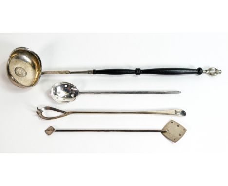 3 x hallmarked silver drinks implements, total weight 98g, together with silver mid 18th century un marked toddy ladle with G