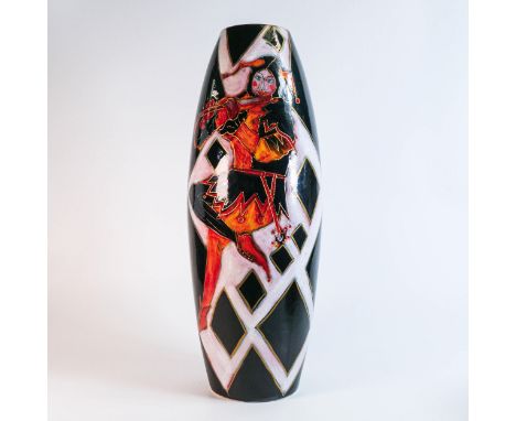 Large Anita Harris Art Pottery vase decorated with a Jester dancing and playing the flute, limited edition of one only. Heigh