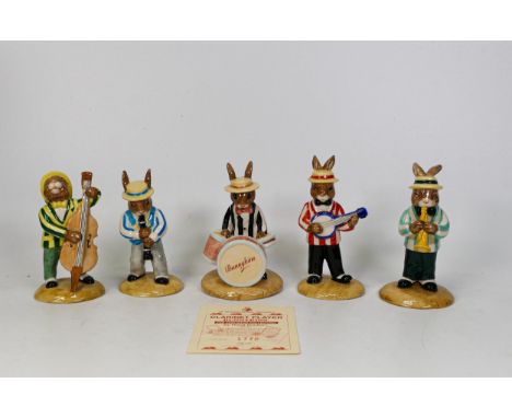 Royal Doulton Bunnykins figures from the Jazz Band Collection - Clarinet Player DB184, Double Bass Player DB185, Saxophone Pl