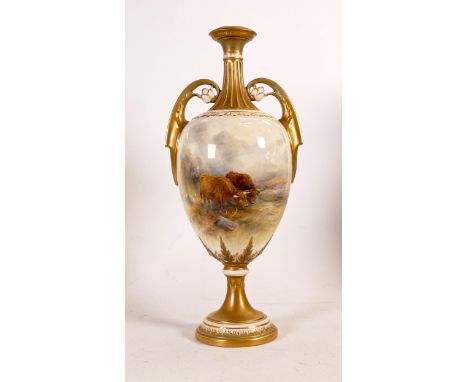 Royal Worcester gilded two handled vase hand painted with highland cattle by J Stinton, h.35.5cm, (a/f re-glued base stem and