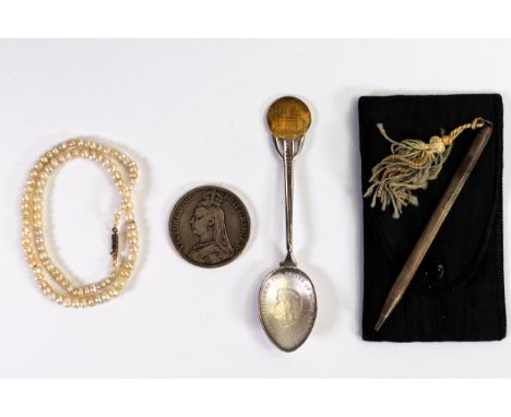 Victorian silver Crown coin 1889, together with hallmarked silver pencil &amp; silver investiture spoon plus a string of fres