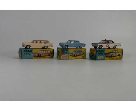 Boxed Corgi 237 Oldmobile "Sheriff" Car, 229 Chevrolet Corvair, 229 Chevrolet Corvair, 219 Plymouth Sports Surbrban Station W