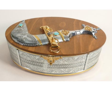 De Lamerie Fine large silverware plated oval box with wooden lid &amp; Khanjar dagger decoration, in presentation bag, specia