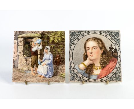 Two Robert Minton Taylor tiles one with portrait decoration &amp; the other with reproduction of original oil painting At The