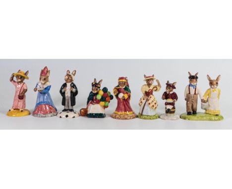 Royal Doulton Bunnykins figures consisting of Sightseer, Sundial, Lawyer, Old Balloon Seller, Fortune Teller, Little Bo Peep,