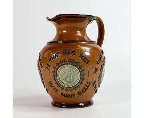 Doulton Lambeth Stoneware motto ewer decorated all around with various round portrait panels, "He who buys ..." h.18cm, c1884