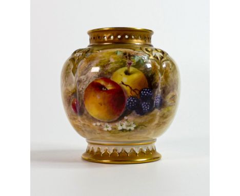 Royal Worcester small gilded vase, painted with fruit by Ricketts, puce factory mark, h.10cm. 