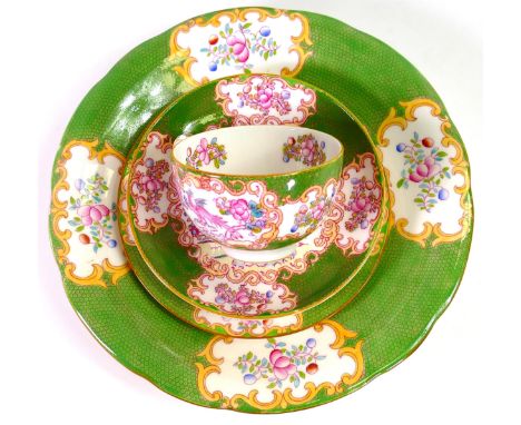 Mintons Pink Cockatrice patterned tea &amp; dinner ware to include - trios, milk jug, sugar bowl etc. 1 cup stained, these it