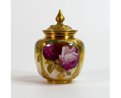 Royal Worcester gilded vase &amp; cover, painted with roses by M Hunt, puce factory mark. Some wear to gilding on top edge of