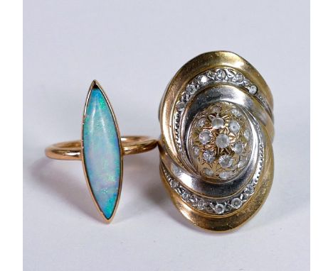 Two rings - rose gold &amp; black opal ring, not hallmarked but tested as 9ct or better.  UK size K.  Stone measures 22mm lon