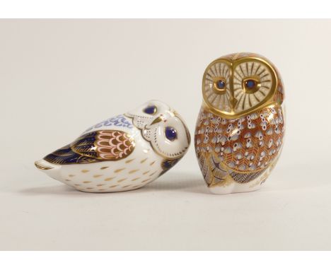 Royal Crown Derby paperweights Barn owl (gold stopper) &amp; Snowy owl (ceramic stopper) (2)