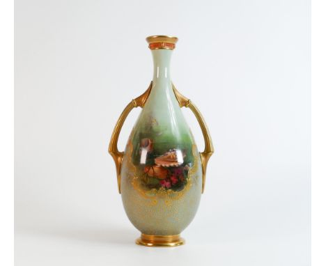 Royal Worcester gilded two handled vase decorated front &amp; back with shellfish on sea bed by H Stanton, shape 2297 puce fa