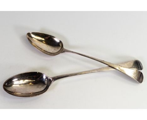Two hallmarked silver stuffing / basting spoons, gross weight 263g.  Small spoon George III, the large one later. 