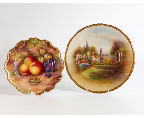 Royal Worcester shaped gilded plate decorated with fruit by Price, d22cm and plate hand painted with garden statue by R Rushs