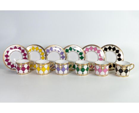 De Lamerie set of six Harlequin checker cups &amp; saucers, specially made high end quality items, Made in England. (12) 