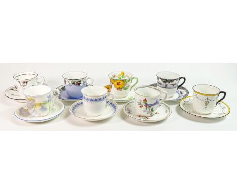 Eight Shelley Vincent shape cups &amp; saucers. Patterns 11140, 11206/10, 11426, 2160, 2103, 12142, 11352/29, 11568 (16 piece