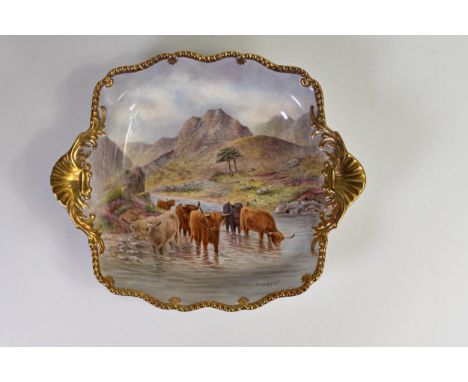 Royal Worcester Tudor two handled gilded tray decorated with highland cattle by P Stanley, gold factory mark, 27.5 x 23cm. 