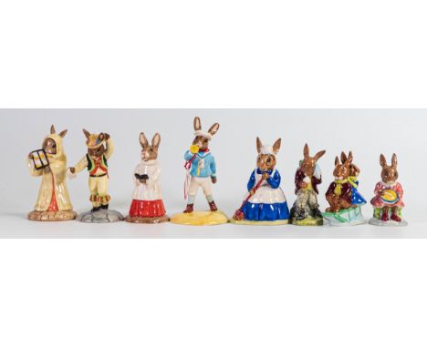 Royal Doulton Bunnykins figures consisting of Helping Mother, Sleighride, Cooling Off, Clean Sweep, Little Boy Blue, Choir Si