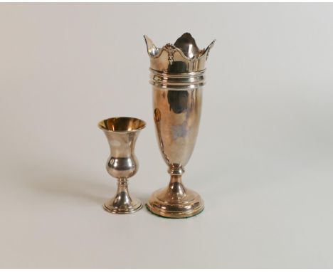 Silver vase hallmarked for Birmingham 1926, filled base, h.20cm, 270g and a smaller Silver vase, 54.8g. (2) 