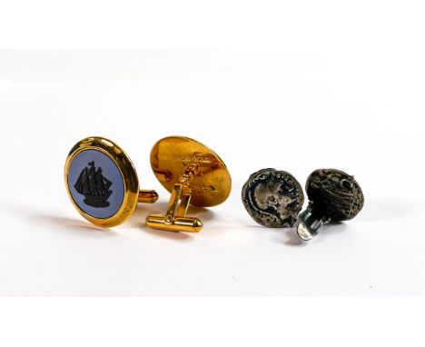 Pair of Wedgwood Jasper ware gentleman's gold plated ship cufflinks together with a pair of Silver Roman coin cufflinks. (4) 