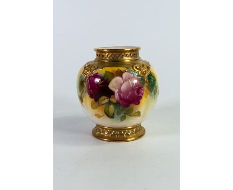 Royal Worcester blush ivory pot decorated with flowers signed M Hunt. Puce mark, height 9.5cm 