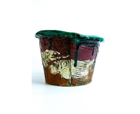 Simon Carroll earthenware planter dated 2005 incised exterior with green &amp; black trailing glazes, internal decoration, wi