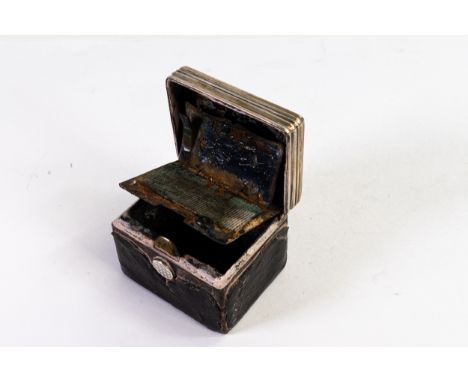 Victorian hallmarked silver &amp; leather travelling tinder box with match safe, leather compromised.  Measures 5cm wide. 
