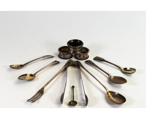 Assortment of hallmarked silver items, includes spoons, forks, tongs &amp; napkin rings, gross weight 211g. 