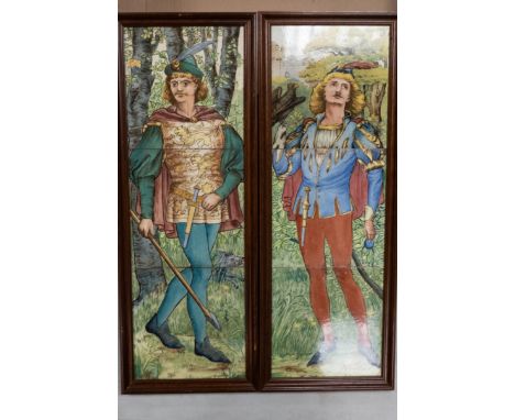 Pair Minton China Works tile panels, the framed triple tile panels, one depicting Robin Hood and the other a huntsman with a 