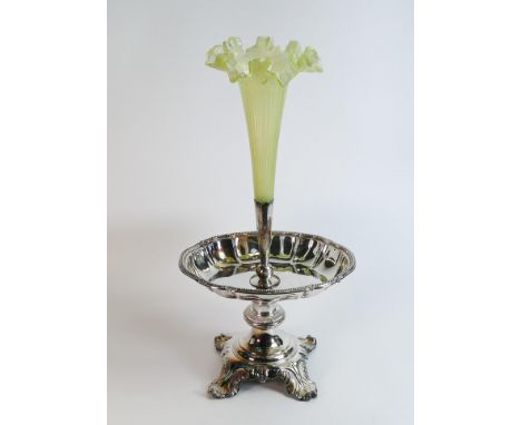 Walker &amp; Hall silver plated centrepiece bowl / Epergne with Vaseline glass flute, height 59cm 
