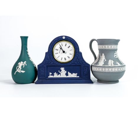 Wedgwood items to include white on grey jug, white on teal vase &amp; royal blue Mantle clock, tallest 13.5cm (3) 