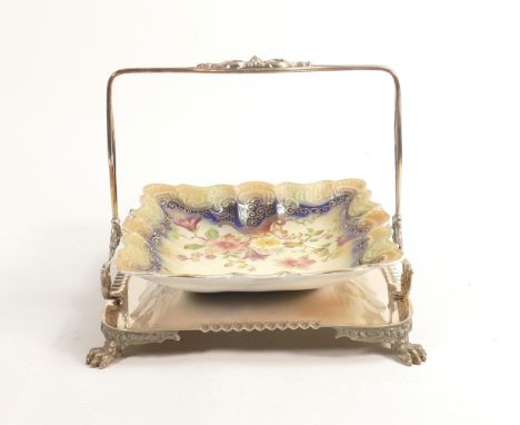 Carlton Blush ware metal mounted Entrée dish, scallop edged with petunia cornucopia decoration, by Wiltshaw &amp; Robinson, c