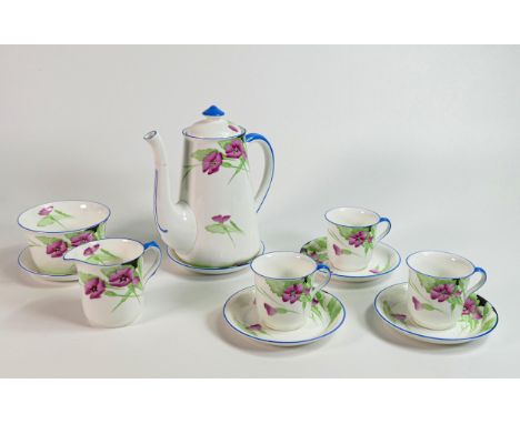 Shelley Vincent shape part coffee set  consisting of 3 cups, 5 saucers, cream jug, sugar bowl and coffee pot. Pattern number 