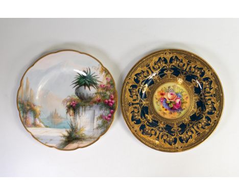 Royal Worcester gilded and hand painted cabinet plate decorated with flowers and another decorated with Italian garden scene,