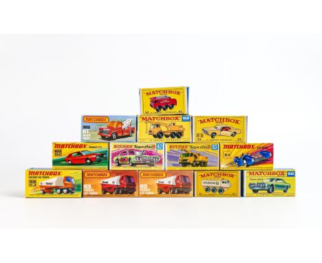 A collection of boxed Matchbox 1-75 series toy cars &amp; cehicles to include 61d Ford Wrecker, 61c  Blue Shark, 61b Alvis St