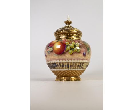 Royal Worcester potpourri basket ware vase &amp; cover, gilded and decorated with fruit by M Johnson, shape 1286, black facto