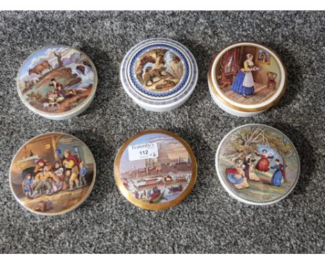 Six Coalport circular trinket boxes with transfer printed covers.