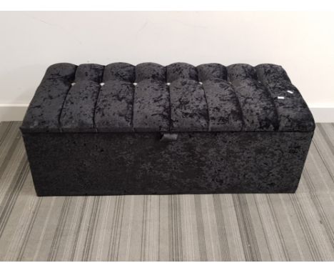 Velvet upholstered ottoman storage box with crystal effect button design, 46x102cm, height 36cm