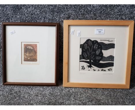 An etching by Richard Wade "Henrietta &amp; Chicks" dated 1986, no 31/150 10 x 8cm, and block print on linen by Gail Kelly "R