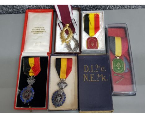 Pair of Belgian enamel medals (Habilete moralite bekwaamhied zedelijkhied) plus Belgium order of the crown medals etc, all wi