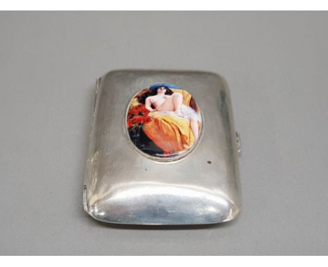 Silver and enamel case depicting a nude woman 64.73g gross