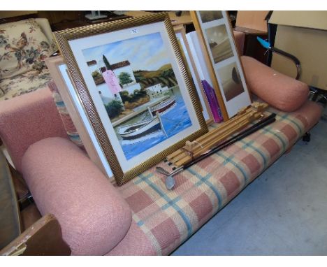 A Quantity of Large Prints, a day bed, a piano stool, a beech artist's easel and two golf clubs.