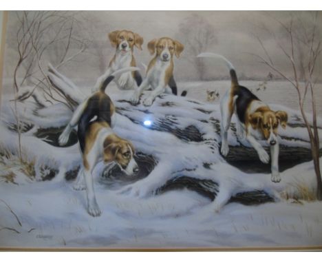 A Watercolour Study of a Hunting Scene by Eileen Turner, Hounds Jumping Over a Fallen Tree Trunk Signed lower left &amp; date