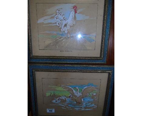 A Very Unusual Set of Early 20th Century Pencil Drawings, highlighted in watercolour of farm animals in original frames with 